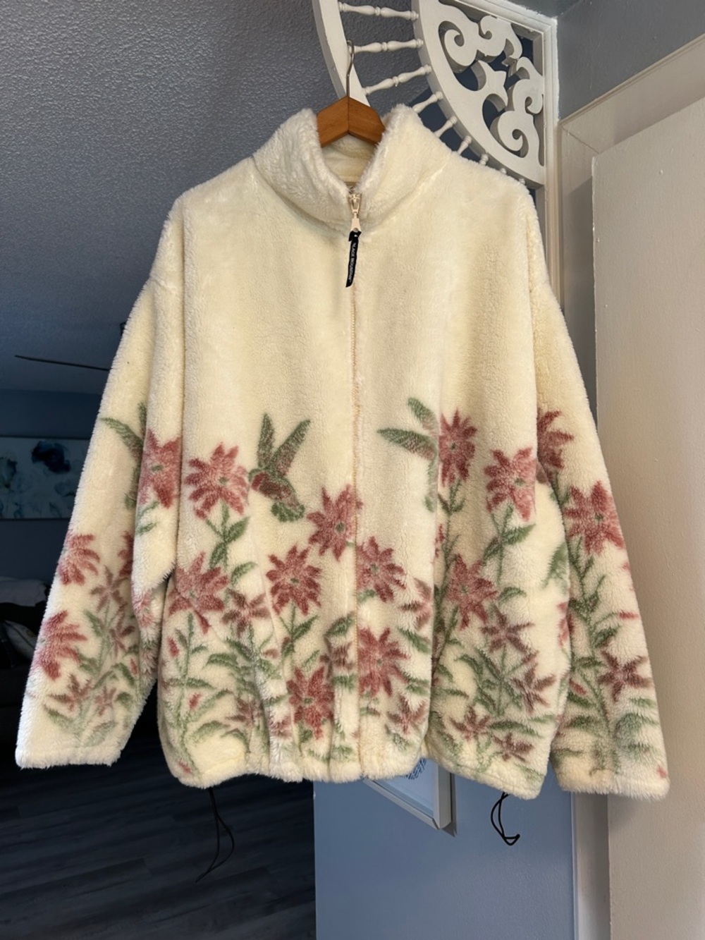 Black Mountain Cream Floral Zip Up Fleece Jacket with Pink Flowers Size 2X